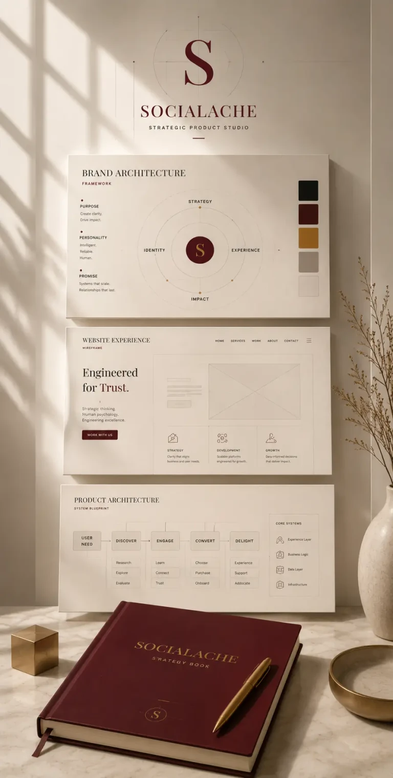 Socialache brand architecture and product system presentation boards