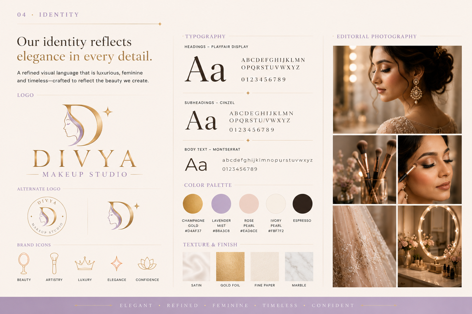 Divya Makeup Studio visual identity and luxury beauty system