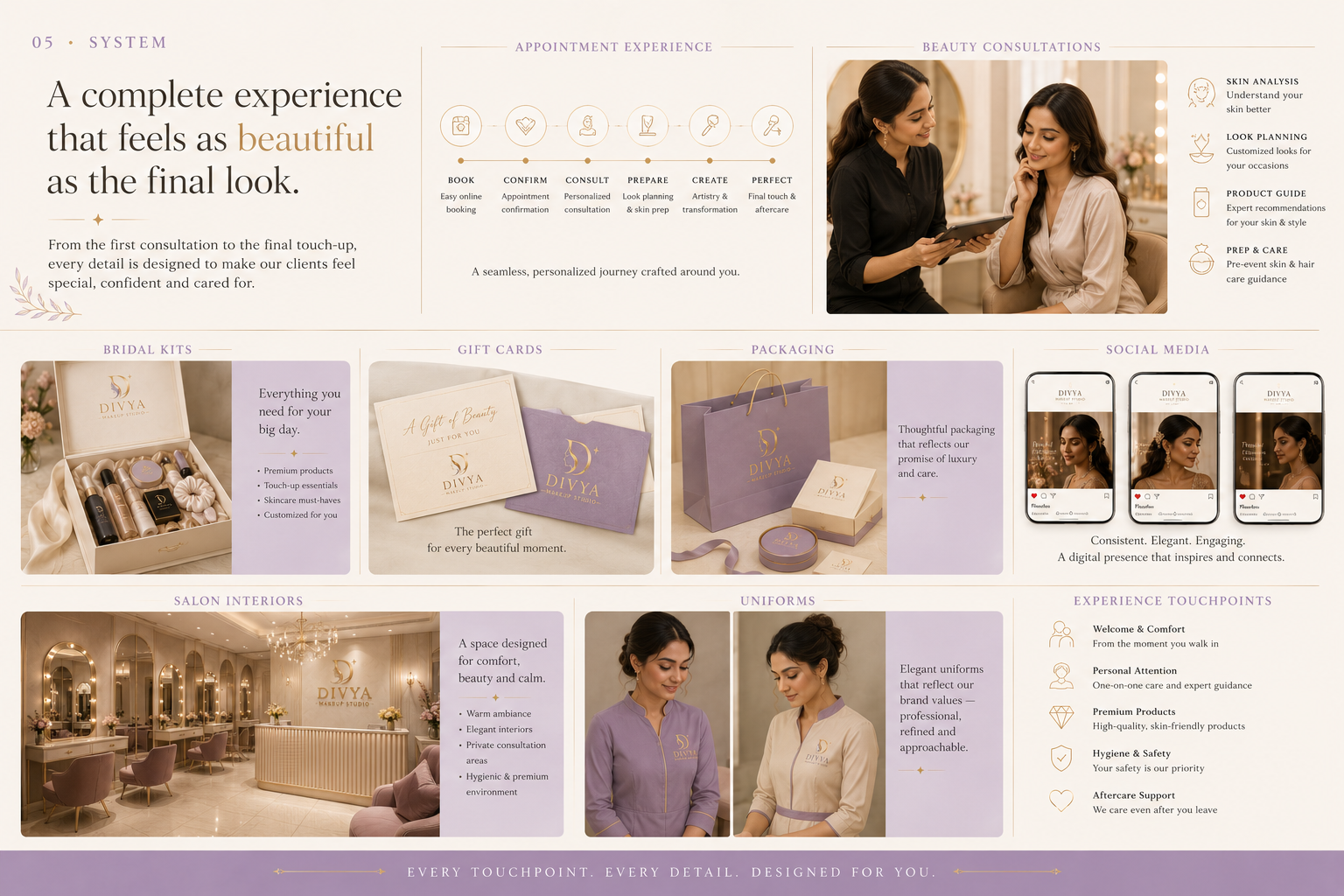 Divya Makeup Studio brand system across signage and stationery